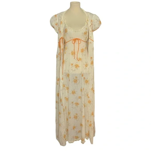 Vintage floral peignoir nightgown/robe 2 piece set, S - Picture 10 of 14